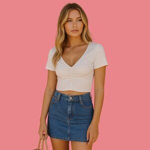 Adika White Ruched V-Neck Crop Top (Size S) – Minimalist Summer Essential